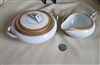 Noritake Goldridge 5480 white porcelain creamer and lidded sugar bowl set with gold geometric trim