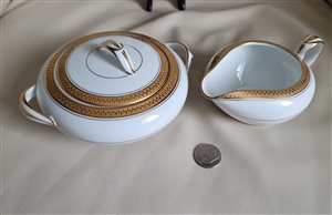 Noritake Goldridge 5480 white porcelain creamer and lidded sugar bowl set with gold geometric trim