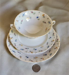 Three piece vintage Syracuse Suzanne porcelain set featuring a footed soup bowl saucer and dessert plate with multi color floral rims and gold accents