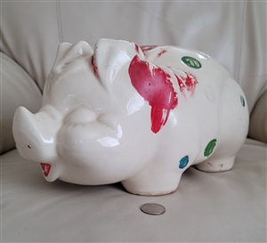 Jumbo 13 inch American Bisque pig bank with red bow and surface crazing