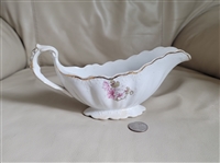 Antique Dresden semi porcelain gravy boat vessel by Potters Co-Operative Company with floral embossing and gold trim