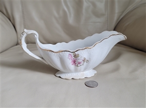 Antique Dresden semi porcelain gravy boat vessel by Potters Co-Operative Company with floral embossing and gold trim