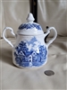 ​J and G Meakin Romantic England blue and white porcelain lidded sugar bowl featuring transferware village scene and decorative handles