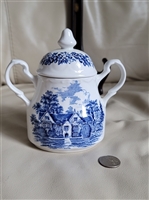 ​J and G Meakin Romantic England blue and white porcelain lidded sugar bowl featuring transferware village scene and decorative handles