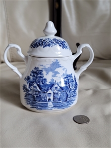 ​J and G Meakin Romantic England blue and white porcelain lidded sugar bowl featuring transferware village scene and decorative handles