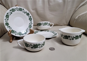 English Ivy by Royal teacups and sugar bowl in white and green design