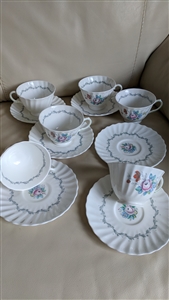 Vintage Royal Doulton porcelain Michelle teacup saucer set of six England fine bone china tableware blue floral pattern