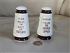 Mom and Dad commemorative salt and pepper shakers, Japan, collectible table setting accessory.