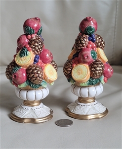 colorful fitz and floyd winter spice fruit topiary salt and pepper shakers gold trim