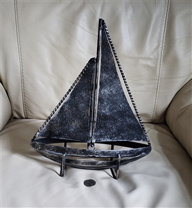 Vintage metal sailboat sculpture in silver and black patina finish elegant tabletop nautical home decor