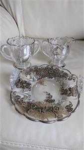 Silver City Glass Company sterling silver overlay creamer, sugar bowl, and bon bon serving tray set from the 1950s