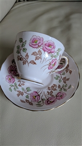 PINK TUSCAN rose decorated English saucer teacup multicolor floral decor