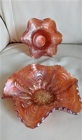 Imperial Glass Ohio Arcs marigold bowl with ruffled rim Antique 1910s iridescent orange glass whimsey bowl