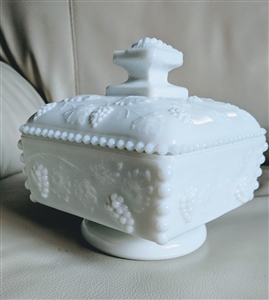 Westmoreland white milk glass square lidded candy dish with embossed grape design and beaded edge
