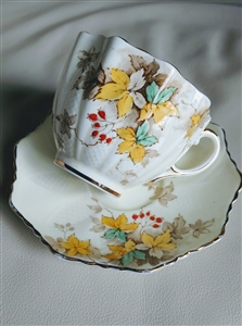 Vintage Paragon Loretta pattern teacup and saucer with multi color leaves and gold trim two and three quarter inch tall