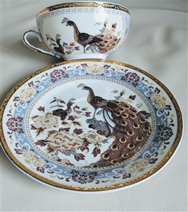 Brown yellow and gold tone peacocks teacup saucer elegant decor
