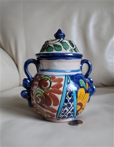 Vintage Mexican Talavera pottery ginger jar with handles and colorful floral painting