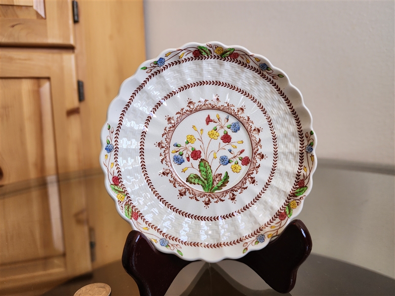 Spode Cowslip porcelain saucer with multi-color flowers and heavy crazing