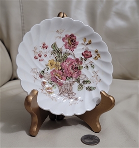 Vintage Royal Staffordshire earthenware Chelsea Rose floral saucer with brown basket motif and swirl rim