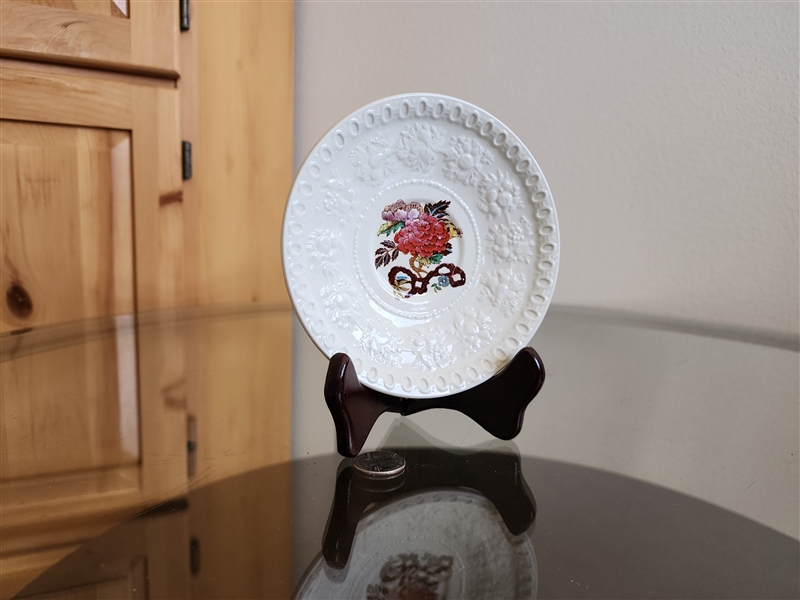 Vintage Wedgwood Bullfinch Wellesley porcelain saucer with embossed fruit rim and colorful floral center