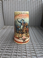 Vintage 1991 Miller Birth of a Nation ceramic beer stein with patriotic rider and historical house relief art