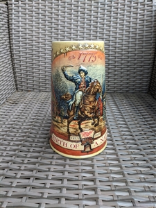 Vintage 1991 Miller Birth of a Nation ceramic beer stein with patriotic rider and historical house relief art
