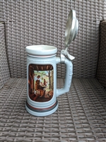 1985 Avon Building of America Blacksmith porcelain beer stein with lid and original pamphlet
