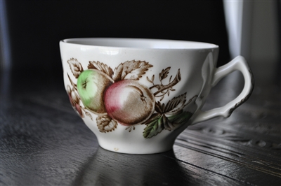 Vintage Johnson Brothers Harvest Time flat teacup with scalloped design and cherry and apple motif