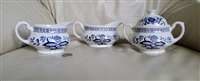 Enoch Wedgwood Blue Heritage 3-piece porcelain set featuring creamer, lidded sugar bowl, and gravy boat with blue floral transferware pattern