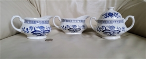 Enoch Wedgwood Blue Heritage 3-piece porcelain set featuring creamer, lidded sugar bowl, and gravy boat with blue floral transferware pattern