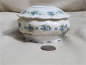 Antique M Z Austrian porcelain hair receiver vanity accessories collectible set in white and blue floral decor
