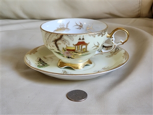 Vintage Lefton China Teacup and Saucer Set with Hand Painted Gold Japanese Pagoda Scene and Pedestal Base