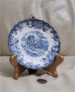 Vintage Johnson Bros Coaching Scenes white and blue ironstone saucer from England with floral border