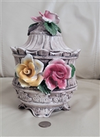 Vintage Capodimonte Italian porcelain lidded urn with large pink and yellow blooming roses