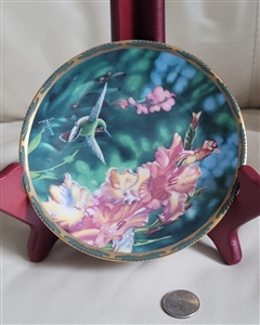 Porcelain collectible plate 1990 Pickard Calliope Hummingbird Cyndi Nelson 24K gold teal leaf rim box