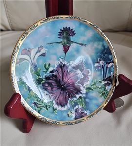 Bradford Exchange Porcelain collectible plate 1990 Pickard Annas Hummingbird Cyndi Nelson purple petunias 24K gold rim box