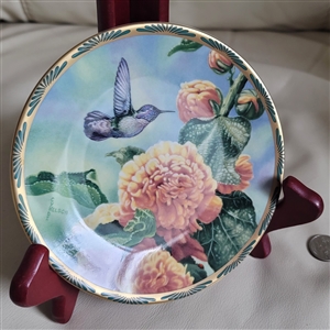 Porcelain collectible plate 1991 Bradford Exchange Pickard Costas Hummingbird Cyndi Nelson pink hollyhocks gold rim box