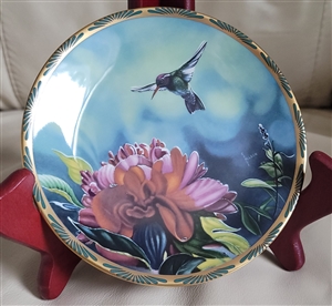 Porcelain collectible plate 1991 Bradford Exchange Pickard White Eared Hummingbird Cyndi Nelson pink peonies gold rim box