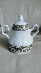 Vintage J and G Meakin England Sterling pattern ironstone lidded sugar bowl with green swirl border