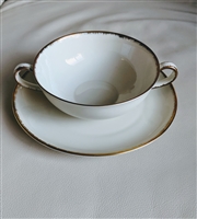 Vintage 1960s Heinrich H&C Selb Bavaria Flammgold cream porcelain soup bowl and underplate with a gold etched flame feather trim