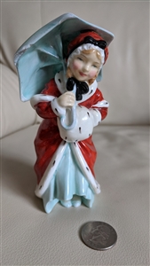 Vintage Royal Doulton Miss Muffet HN1936 hand painted fine bone china figurine in red coat and blue dress with umbrella