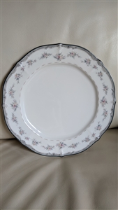 Noritake Traviata round chop plate with ivory china pink white floral blossoms and gray border, Top view of large Noritake Traviata serving platter showing scalloped rim and platinum trim detail, Close up of hand painted floral design on vintage Noritake