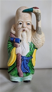 Front and flat back views of a Japanese porcelain Wise Man wall pocket showing the hanging hole and shoulder planter opening