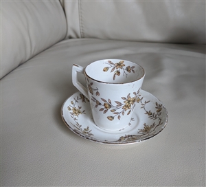 Assam Stoke on Trent Ridgway tea cup with saucer white and brown leaf design antique collectible