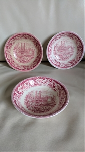 On the Mississippi Currier and Ives bowls red porcelain bowls in pink and white colors vintage condition