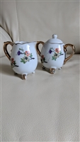 Vintage Enesco porcelain floral sugar bowl and creamer set with gold accents