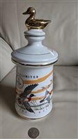 Vintage Ducks Unlimited Old Cabin Still porcelain decanter with gold duck stopper