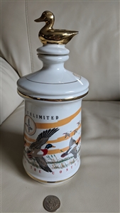 Vintage Ducks Unlimited Old Cabin Still porcelain decanter with gold duck stopper