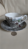 Vintage Myott Staffordshire teacup and saucer set in The Hunter multicolor pattern made in England 1982