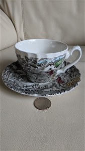 Vintage Myott Staffordshire teacup and saucer set in The Hunter multicolor pattern made in England 1982